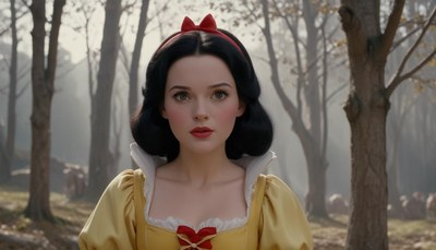 Snow white stands in a misty forest