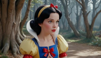 Snow white walks through a misty forest