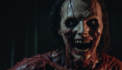 A zombie with a bloody face screams in the dark