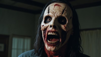 A man in a bloody mask screams in a dark room