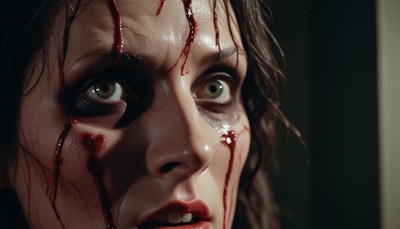 A woman's face is covered in blood