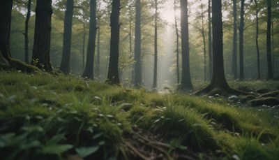 Sunlight peeks through the trees in a misty forest