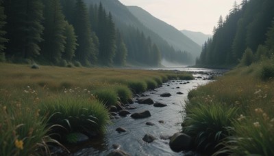 A winding creek flows through a misty forest