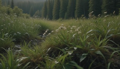A grassy meadow with white flowers near a forest