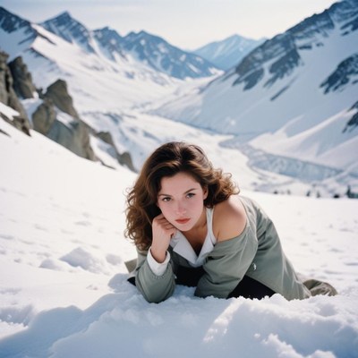 A woman poses in the snow with mountains in the background