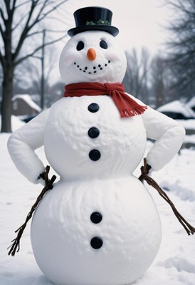 A snowman stands tall in the snowy winter landscape