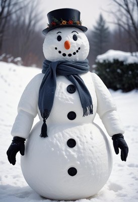 A smiling snowman wears a hat and scarf in the snow