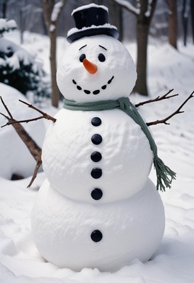 A cheerful snowman stands in the snow