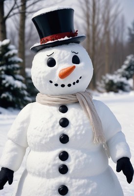 A snowman stands in the snow, wearing a hat and scarf