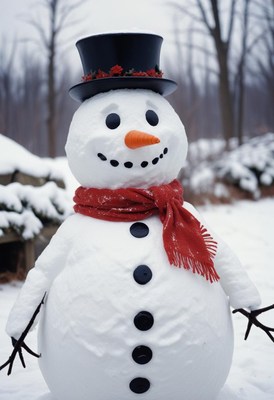 A snowman with a hat and scarf stands in the snow
