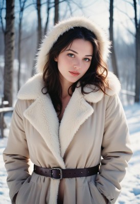 A woman in a hooded coat stands in a snowy forest