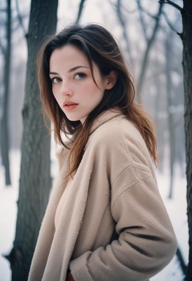 A woman stands in a snowy forest, looking towards the camera