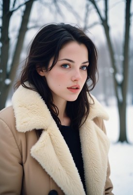 A woman in a beige coat stands in a snowy forest