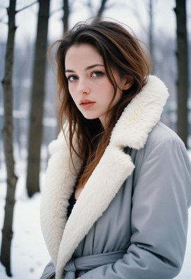 Woman in blue coat with fur collar in snowy forest