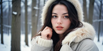 A woman in a white coat stands in a snowy forest