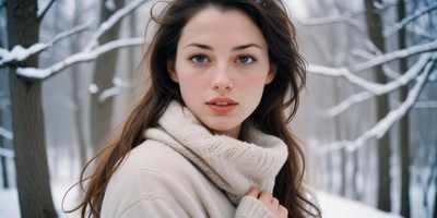 A woman stands in a snowy forest