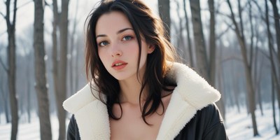 A woman stands in a snowy forest