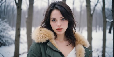 A woman in a fur-lined coat stands in a snowy forest