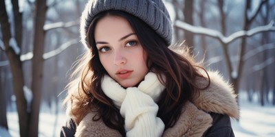 Woman in a knitted hat and scarf in a snowy forest