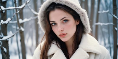 A woman stands in a snowy forest, wearing a white coat