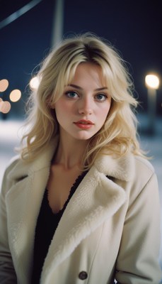 A woman with blonde hair stands outside in a white coat