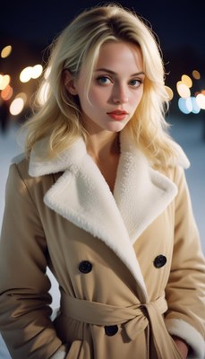 Blonde-haired woman in tan coat faces the camera