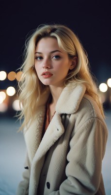 Woman in a white coat by blurred city lights