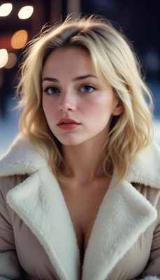 A blonde woman in a white coat looks at the camera