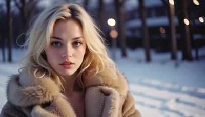 A woman with blonde hair stands in a snowy forest
