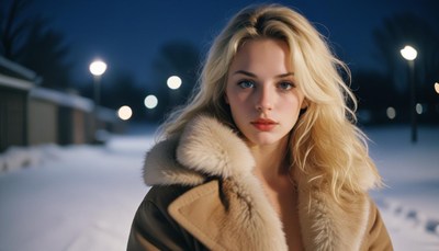 A woman walks through a snowy street at night