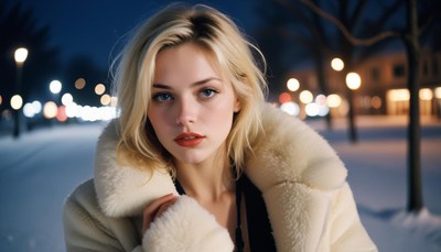 A woman in a white coat stands on a snowy street at night