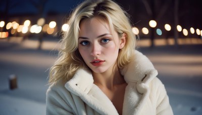 A woman in a white coat stands outside at night