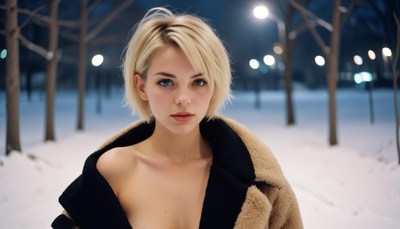 A woman stands in a snowy park at night