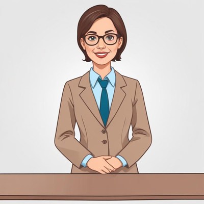 Woman in a suit stands behind a desk, hands clasped