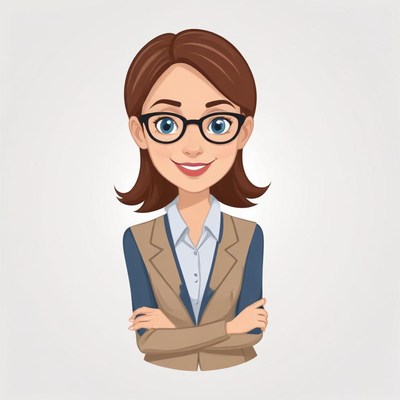 A woman in a business suit stands with her arms crossed