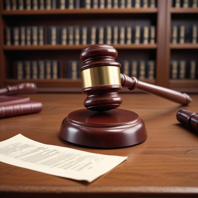 A wooden gavel sits on a desk in a courtroom