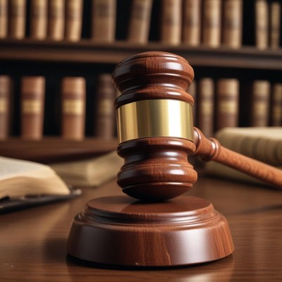 A wooden gavel rests on a block in front of a bookshelf