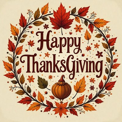 Happy thanksgiving, featuring a pumpkin and leaves