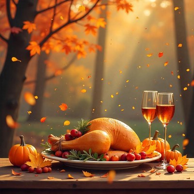 Roasted turkey with wine, pumpkins, and leaves