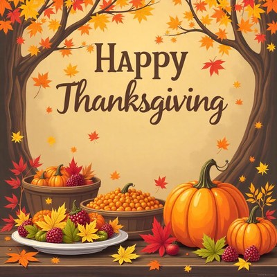 Happy thanksgiving with pumpkins and fall foliage