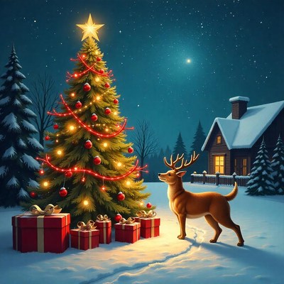 A deer looks at a decorated christmas tree