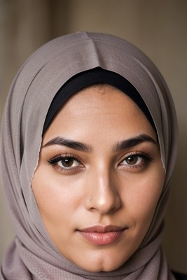 A woman in a gray headscarf gazes at the camera