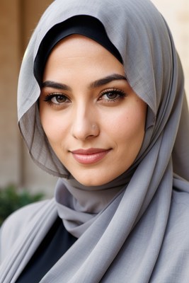 A woman in a gray hijab smiles softly