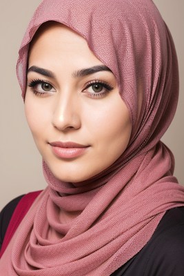 A woman with a pink hijab looks directly at the camera