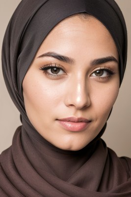 A woman in a brown hijab looks directly at the camera