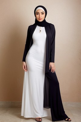 Woman in white dress, black cardigan poses for photo
