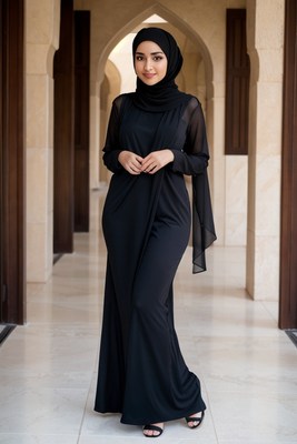 Woman in black dress and hijab in arched hallway