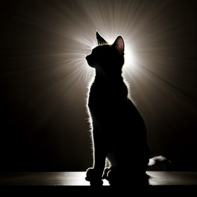 A black cat sits in a beam of light