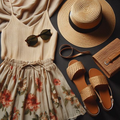 A flatlay of summer clothes arranged on a dark surface