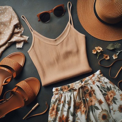A summer outfit laid out on a dark surface